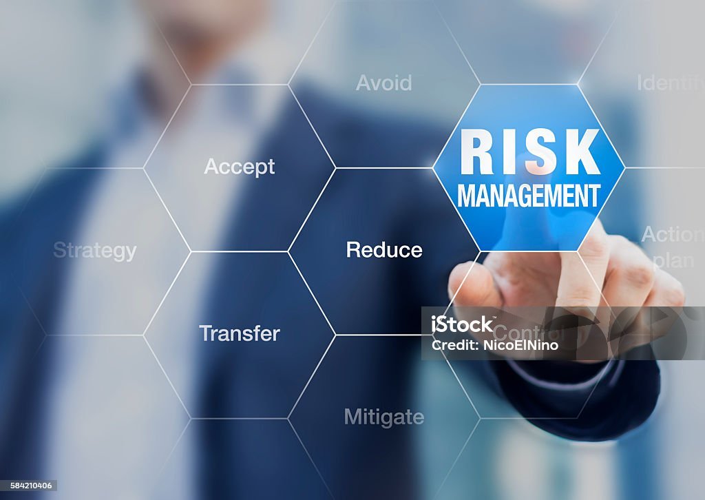businessman pointing at risk management concept on screen